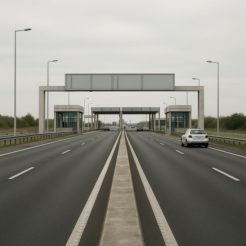 Grenznahe Autobahnstrecke mit Fahrspuren und Beschilderung