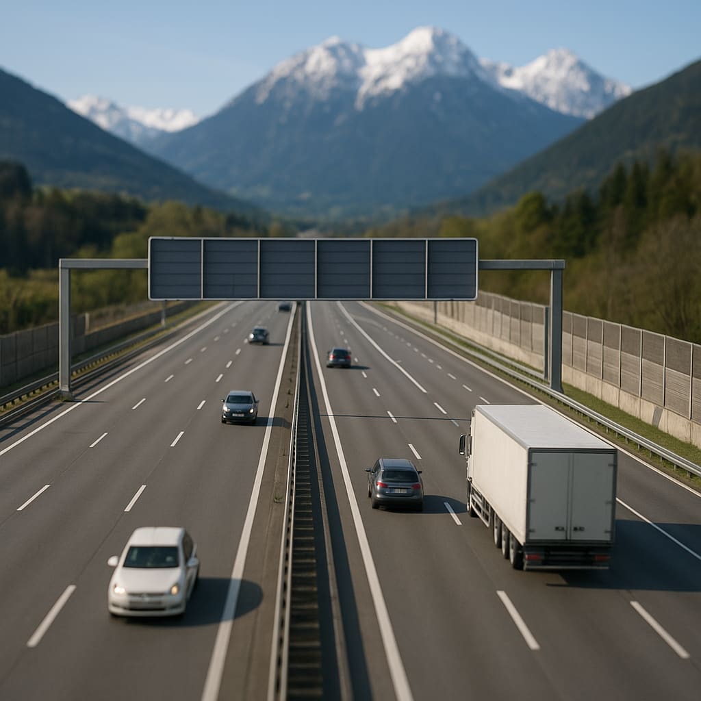 Autobahn in Österreich mit Beschilderung und Bergkulisse